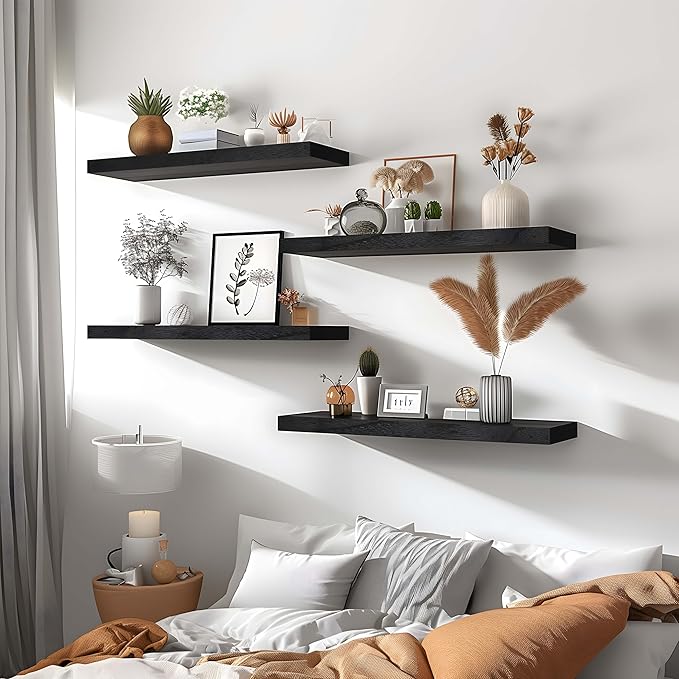 Black Wood Floating Shelves for Wall Rustic Wall Shelves for Bedroom Set of 6-Ruum Studio Home