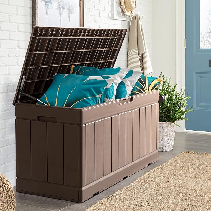 JUMMICO 83 Gallon Outdoor Deck Box Large Resin Storage Box for Patio Furniture Cushions and Garden Tools (Khaki)-Ruum Studio Home