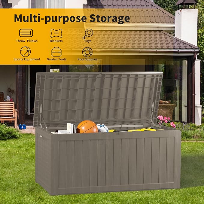 270 Gallon Lockable Resin Deck Box, Waterproof & UV-Resistant Outdoor Storage Box for Outdoor Cushion Storage, Garden Tools & Pool Accessories Storage, Gray-Ruum Studio Home
