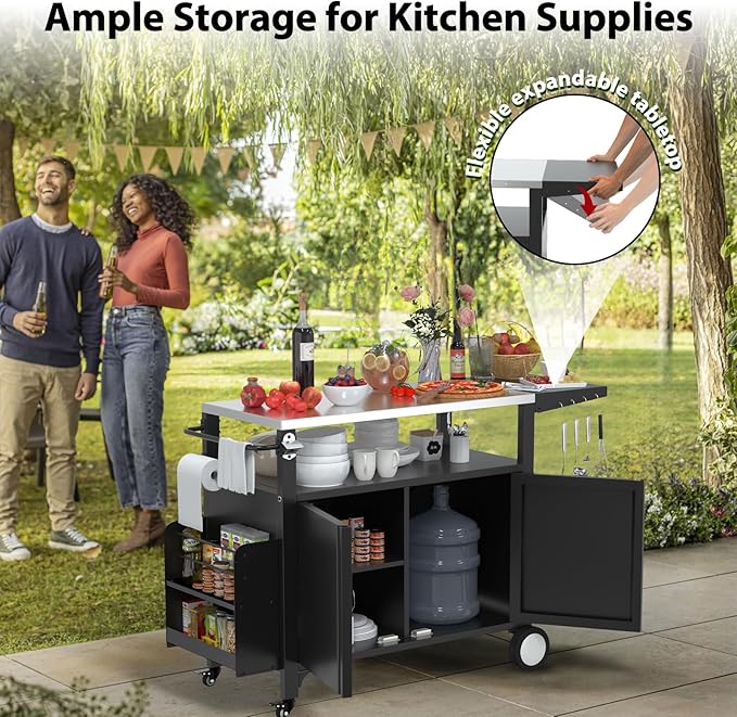 Outdoor Grill Cart with Wheels, Outdoor Kitchen Bar Cart Mobile BBQ with Foldable Stainless Steel Top & Storage Cabinet-Ruum Studio Home