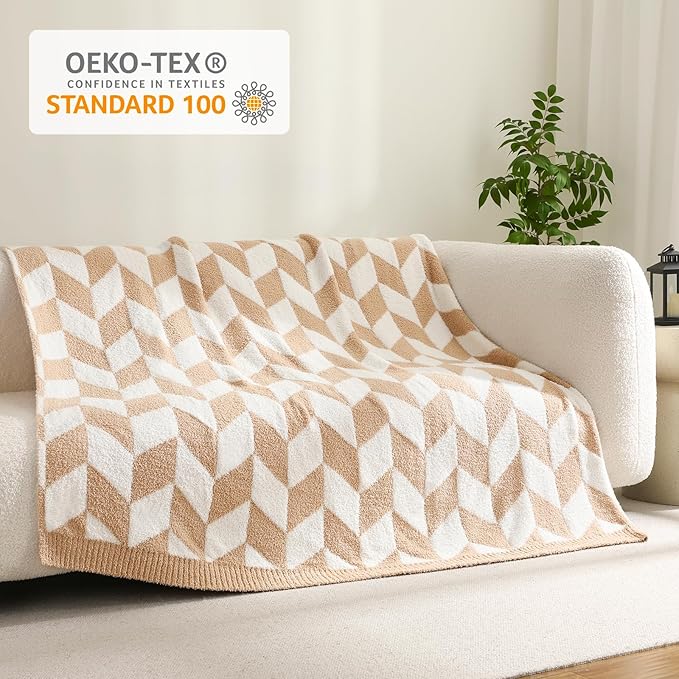 Snuggle Sac Beige Twin Size Blankets for Bed, Super Soft Warm Blankets Oversized Cozy Knit Fuzzy Blanket for Living Room, Chevron Beige,60x80 inches-Ruum Studio Home