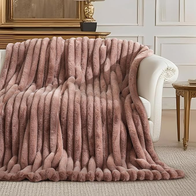 Amélie Home Faux Fur Throw Blanket for Couch, Ultra Cozy Fuzzy Fluffy Fur Luxurious Soft Striped Plush Gift Blankets for Family Sofa Chair Bed Living Room Bedroom, 60"x80", Ionic Fox Brown-Ruum Studio Home