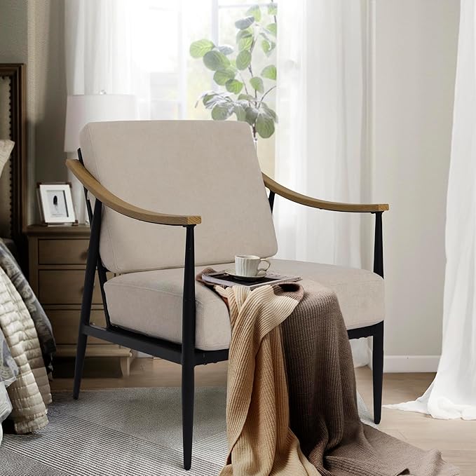 Modern Accent Chair for Living Room Bedroom Mid Century Arm Chair Upholstered Office Accent Chair Comfy Waiting Room Chair with Metal Frame, Beige-Ruum Studio Home