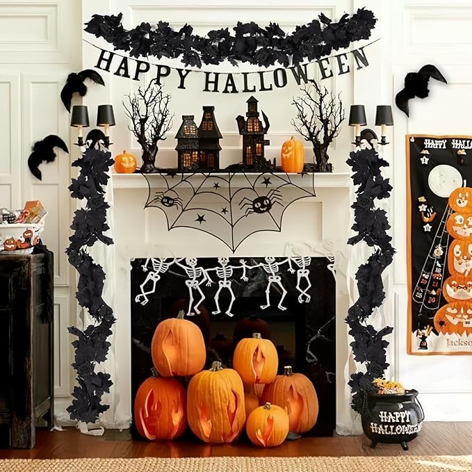 RECUTMS Black Artificial Flower Garland Fake Rose Vine Hanging Rose Vines Fall Maple Garland with Floral,Black Hanging Flowers for Gothic Wedding Decor Autumn Party Halloween Decor-Ruum Studio Home