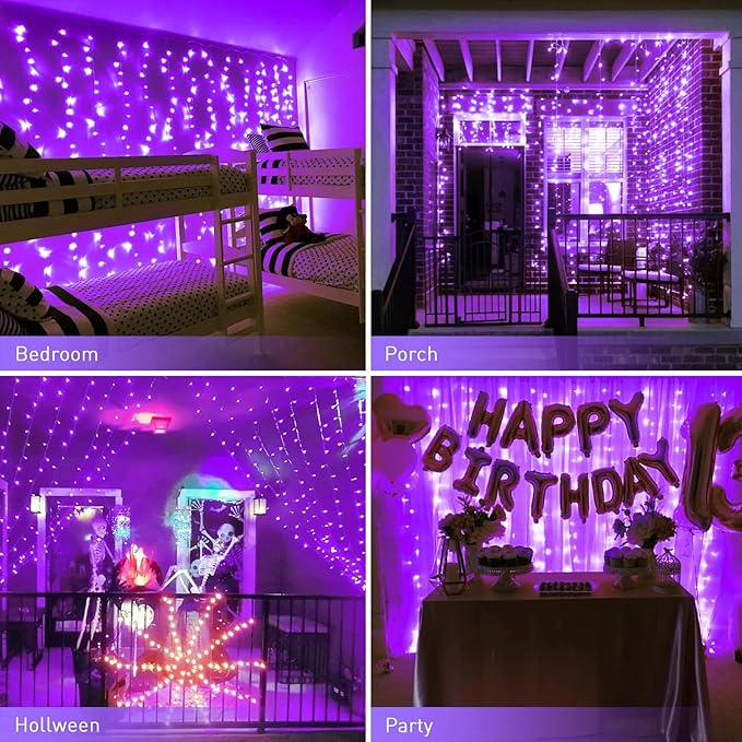 JMEXSUSS 300LED Purple Halloween Lights with Remote, Curtain Hanging Light Plug in, 8 Modes Purple String Lights for Bedroom Window Wall Party Backdrop Christmas Halloween Decorations-Ruum Studio Home