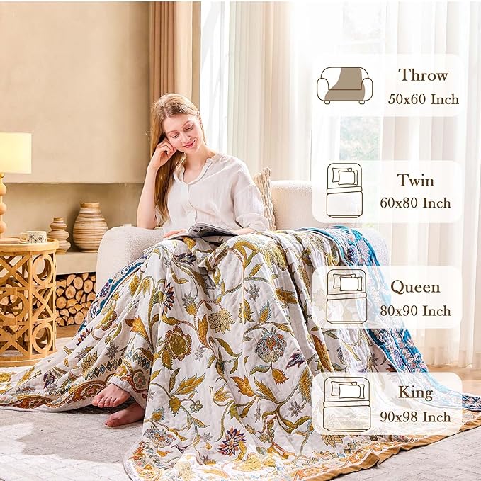Fall Throw Blanket for Couch, Brown Boho Decorative Throw Blanket, 100% Cotton Muslin Breathable Woven Farmhouse Blankets Quilt, 80"x90" Reversible Lightweight Blankets Bohemian Throw Quilt-Ruum Studio Home