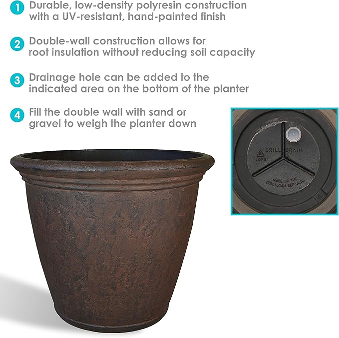 Sunnydaze 15.25-Inch Anjelica Large Plastic Pot for Plants - Outdoor Polyresin Round Planter with Drillable Drainage Holes - Rust - 4pk-Ruum Studio Home