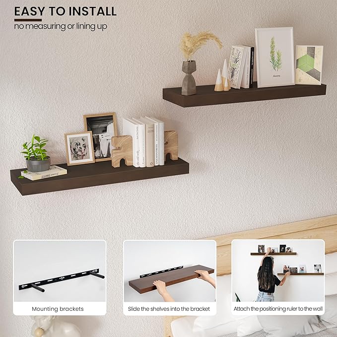 Wood Floating Shelves for Wall 24” x 8”x 1.4” Shelf Floating Rustic Farmhouse Decor, Heavy Duty Shelf Hold 60 lbs, Wall Shelves for Bathroom Living Room Kitchen Bedroom Office, 2 Packs Walnut-Ruum Studio Home