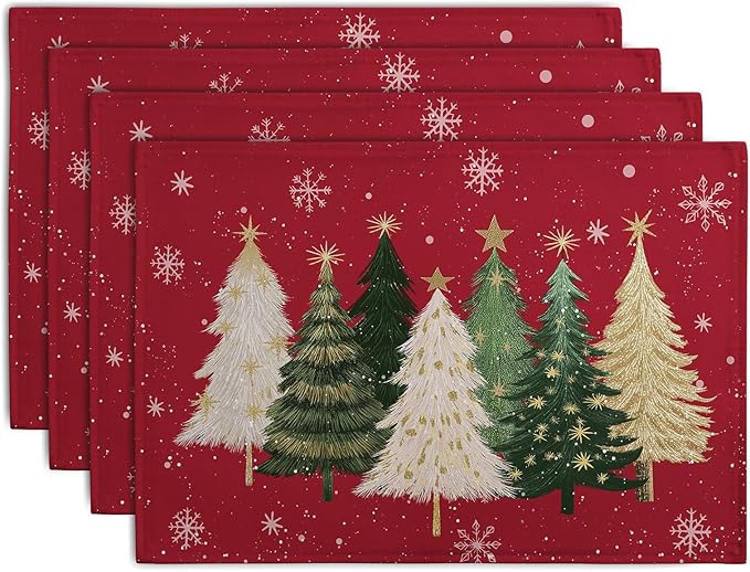 Red Christmas Tree Placemats Set of 4, 12x18 Inch Xmas Trees Snowflakes Winter Holiday Place Mats Seasonal Washable Linen Table Mat for Indoor Outdoor Kitchen Dining Party Decor-Ruum Studio Home