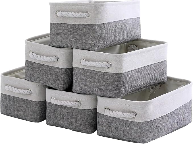 TcaFmac Small Storage Baskets for Shelf 6 Pack Canvas Storage Basket with Handles Fabric Storage Basket for Organizing Storage Bin (White and Grey, 12x8x5")-Ruum Studio Home