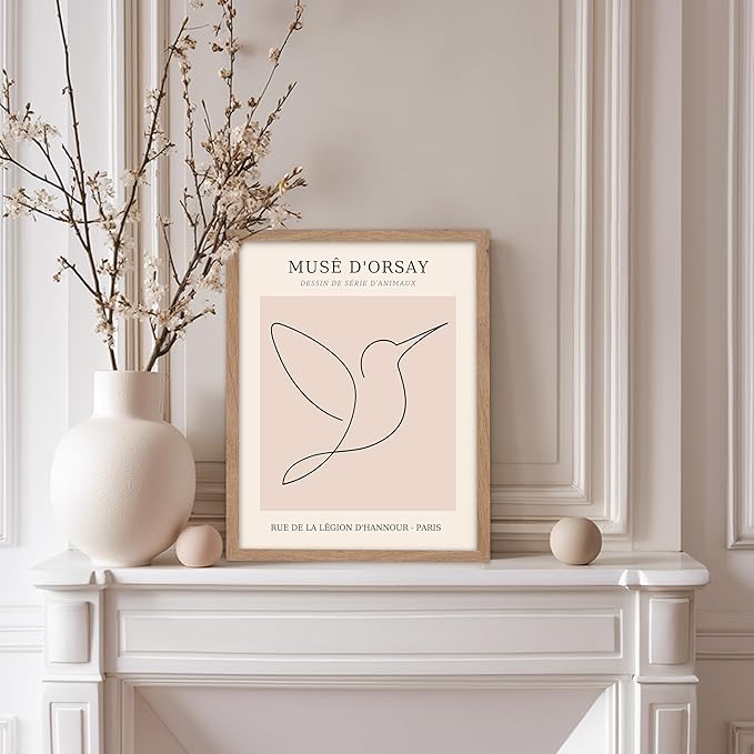 Poster Master Vintage Poster - Retro One Line Hummingbird Drawing Print - Bird Line Art - Minimal Gift for Him, Her, Animal Lover - Abstract Decor for Home, Office, 8x10 Beige Framed-Ruum Studio Home