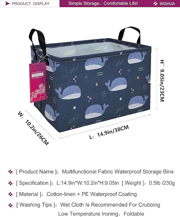 Rectangular Storage Basket Fabric Organizer Bin for Toys,Books,Clothes,Gifts,Pets-Perfect for Home,Office,Nursery,Dorm,Shelf(Rec-Blue Whale )-Ruum Studio Home