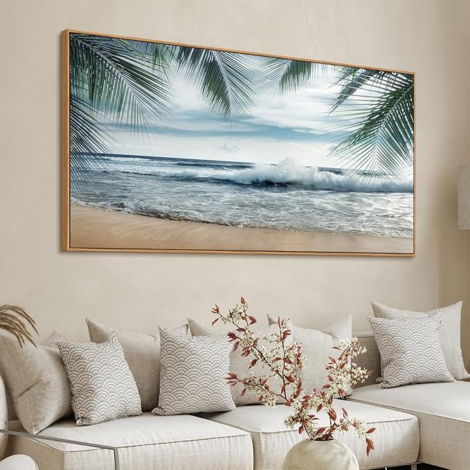 Framed Tropical Beach Wall Art - Ocean Waves Canvas Pictures Coastal Blue Sky and Sea Print Seaside Palm Tree Leaves Scene Painting Artwork Living Room Bedroom Office Home Decor 29" x 58"-Ruum Studio Home