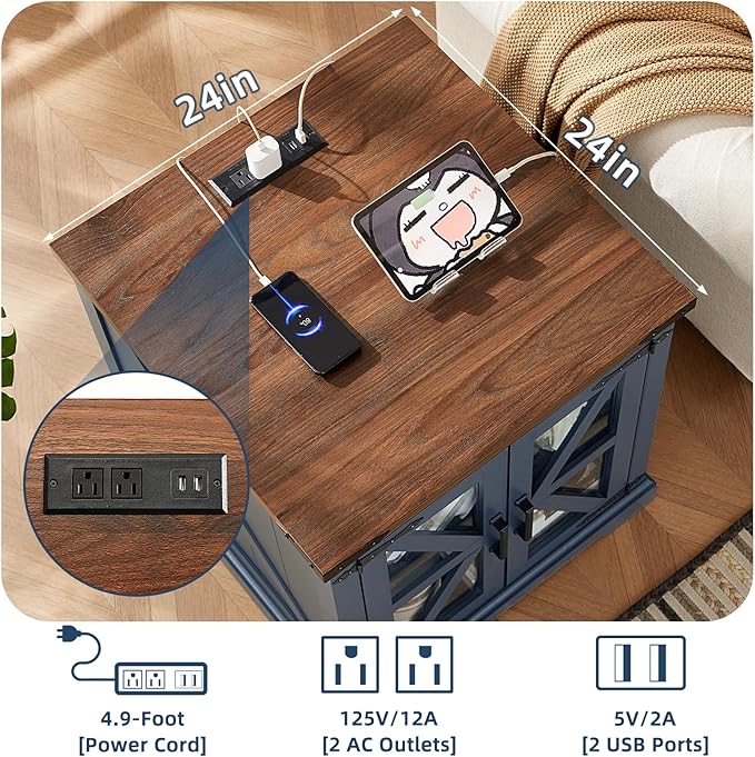 Farmhouse End Table Set of 2 with Charging Station, 24" Large Sofa Side Table with Glass Barn Door, Night Stand with Adjustable Shelf, Wood Nightstand, Square Bed Side Table for Living Room,Bedroom-Ruum Studio Home