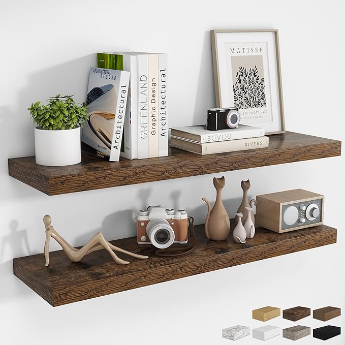 RICHFOCUS 40Inch Floating Shelves for Wall 2 Pack Shelves for Bedroom|Kitchen|Bathroom Wall Mounted Rustic Wood Floating Shelf with Invisible Brackets for Books|Storage|Decor, Rustic Brown-Ruum Studio Home
