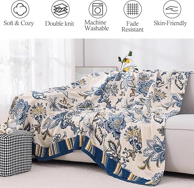 Snycler Boho Throw Blanket for Bed - 100% Cotton Ultra Soft Rustic Quilt - White Blue Floral Printed Farmhouse Decor Bed Blankets, 80"×90" All Season Rustic Throw for Sofa Couch Chair-Ruum Studio Home