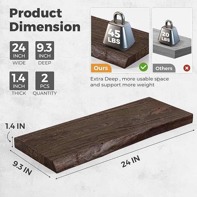 RICHFOCUS Live Edge Elm Floating Shelves - 24" W x 9.3" D Rustic Solid Wood Wall Shelves with Invisible Bracket, Wall-Mounted for Living Room, Bedroom, Kitchen Storage & Display, Set of 2, Walnut-Ruum Studio Home