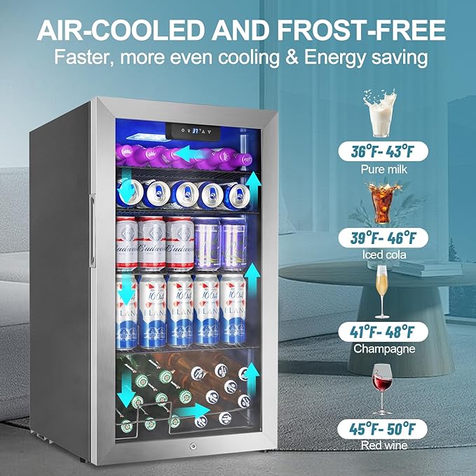 Beverage Refrigerator Cooler, 128 Cans Mini Fridge Glass Door for Drink Beer Soda Wine, 3.2 Cu.Ft Small Fridge for Kitchen Bedroom Office Bar, with 4 Adjustable Removable Shelves, Stainless Steel-Ruum Studio Home