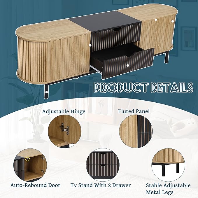 71" Tambour Door TV Stand,Wood Mid Century Modern TV Cabinet for Up to 85“ TV,Curved Edge Long TV Stand with Storage for Bedroom Living Room(Natural, 71inch)-Ruum Studio Home
