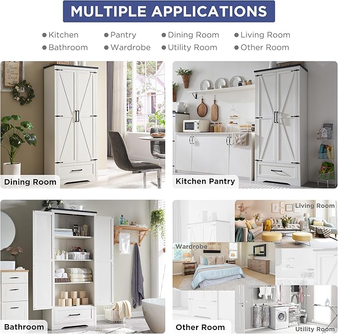 JXQTLINGMU Farmhouse Kitchen Pantry Cabinet - 72" Tall Wood Kitchen Storage Cabinets with Adjustable Shelves & 2 Barn Style Doors & Drawer, Versatile Storage for Dining Room, Bathroom, Antique White-Ruum Studio Home