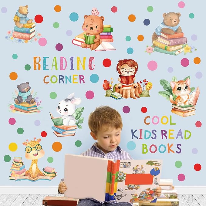 Reading Corner Decor,Reading Books Wall Decals,Learning Study Wall Stickers,Cartoon Animals Window Decals,Giraffe Bear Rabbit Read Books Stickers for Toddler Nursery Bedroom Classroom School-Ruum Studio Home