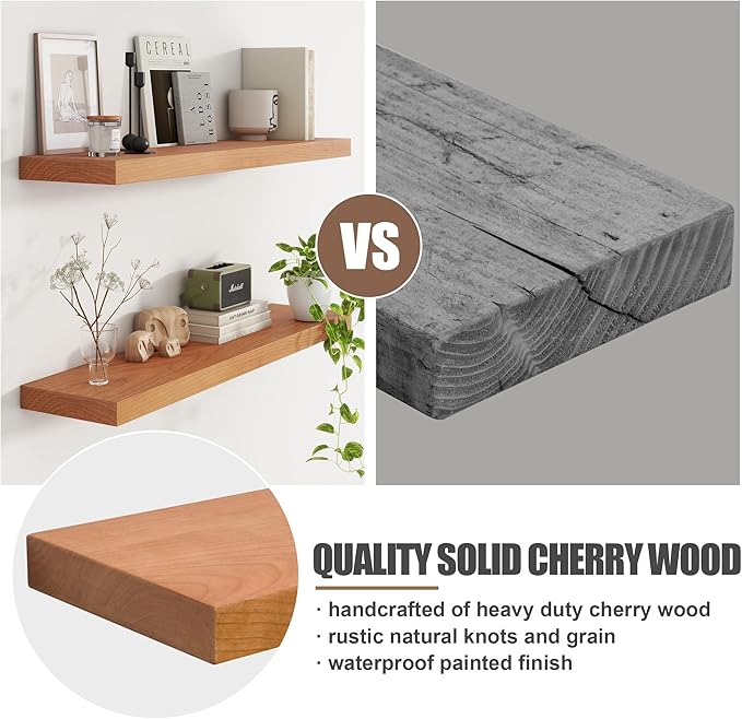 Floating Shelves for Wall, USA-Sourced Cherry Wood 24 Inch Wall Shelves Set of 2, Natural Wooden Wall Mounted Picture Ledge Shelf, Nursery Book Storage Shelf Kids Bookshelf, Display Shelf for Bathroom-Ruum Studio Home