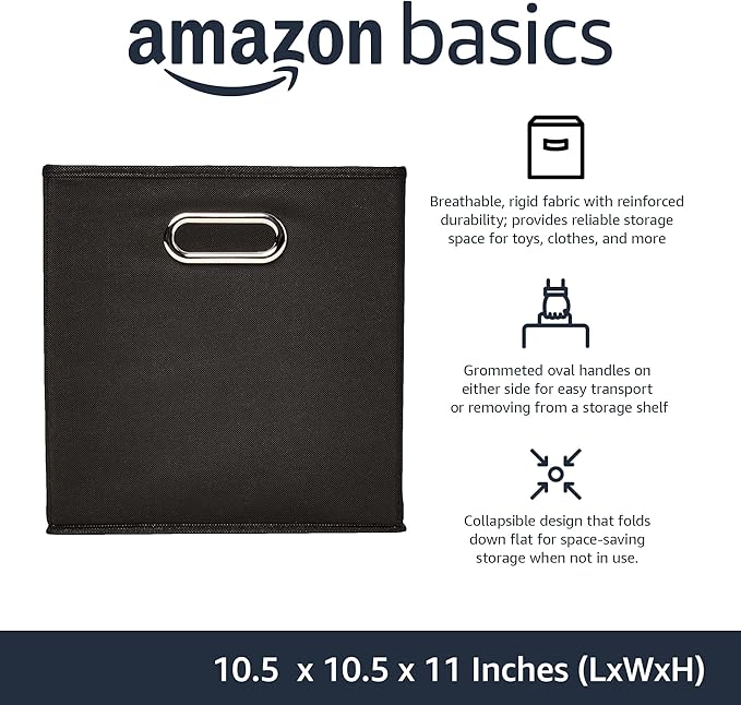 Amazon Basics Collapsible Cube Storage Organizer Bins, 6-Pack, 10.5 x 10.5 x 11 inches, Black-Ruum Studio Home