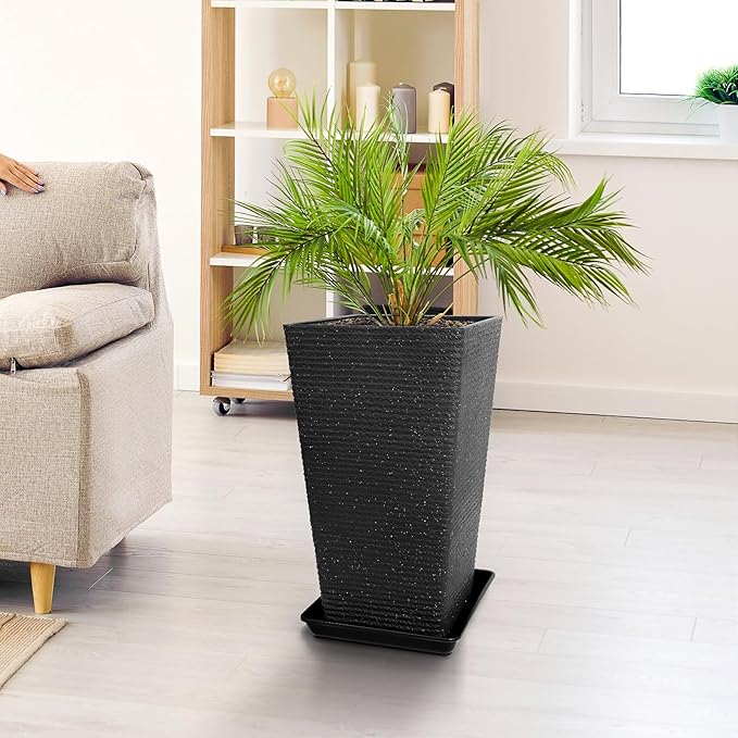 Tall Black Planter Set of 2 for Outdoor Indoor Plants,21.3in Large Tapered Plant Pots with Drainage Trays Holes,Resin Extra-Thick Flower Pots for Outdoor Patio Front Porch Backyard Decor-Ruum Studio Home