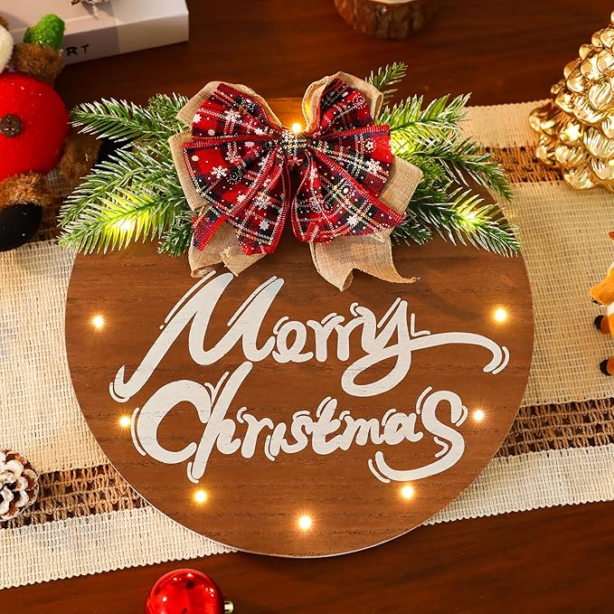 HOMCDALY Merry Christmas Sign for Front Door, Wooden Hanging Sign Door Decoration with 12 LED Light, Winter Welcome Wreath indoor outdoor Décor, Christmas Decoration.-Ruum Studio Home