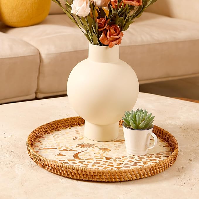 Round Rattan Tray with Mother of Pearl Inlay & Wooden Base - Decorative Wicker Serving Tray for Coffee/Bread/Fruits, Food Storage & Display - Multipurpose Home Decor (L,Island)-Ruum Studio Home