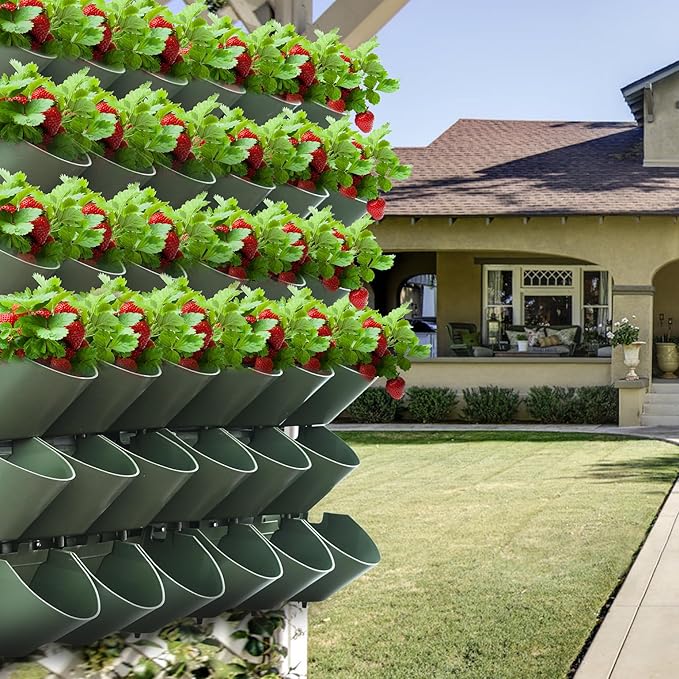 Worth Garden Upgraded 12 Sets (36-Pocket) Self Watering Stackable Vertical Planters - Wall Mounted Plastic Plant Grow Pots fr Strawberries Flowers Herbs - Indoor Outdoor Green Wall Decoration (Green)-Ruum Studio Home