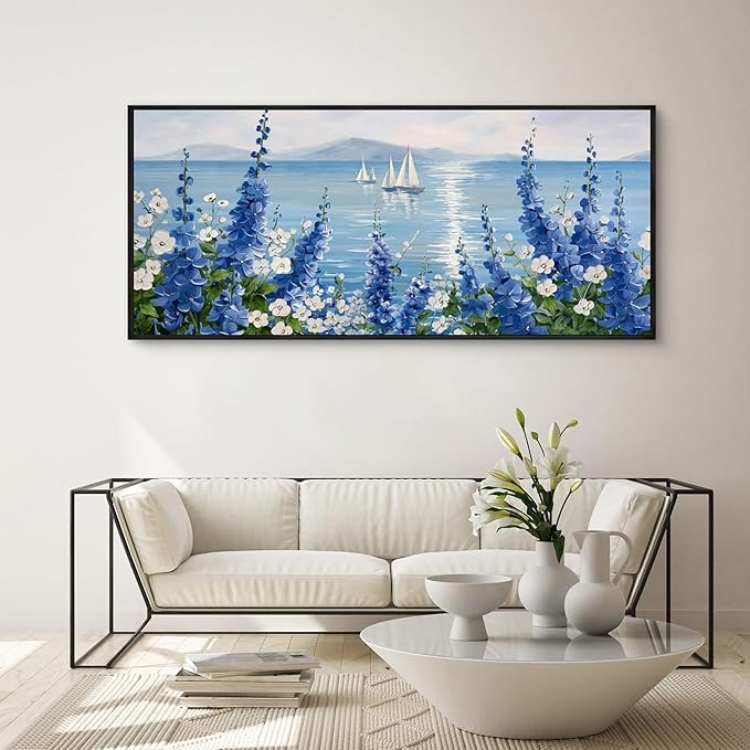 XLSJERST Large Sailboat Wall Art - Blue Canvas Abstract Painting Textured Picture Artwork Vintage Nautical Flower Painting Coastal Modern Print 70"x31" Frame for Living Room Bedroom Home Decoration-Ruum Studio Home