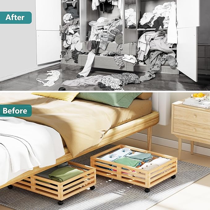 Bamboo Under Bed Storage Containers- Underbed Organizer with Wheels with Large Dust Bag,Sturdy Wood Rolling Under the Bed Shoe Storage Organizer Drawer 2 Packs (Nature, Small)-Ruum Studio Home