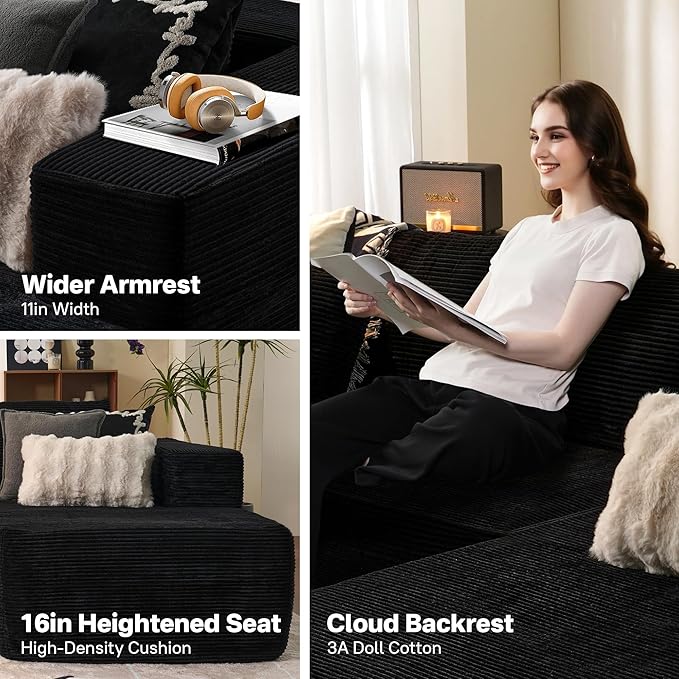 104" Cloud Sectional Couches for Living Room,L Shaped Boneless Couch in A Box,Sleeper Sofa with Comfy Chaise No Assembly Required,Black-Ruum Studio Home