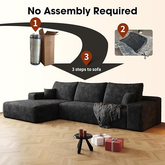108" Sectional Couches for Living Room Modern Modular Sofa with L-Shape Couchs Upholstered Boneless Couch Deep Seat Sectional Couch with Chaise (Black, Left Facing Chaise+2Seaters)-Ruum Studio Home