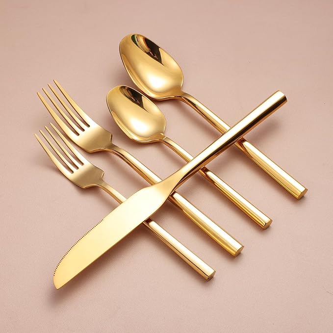 Mirror Silverware Set Gold Flatware Set with Hexagon Handle 20 Pieces 18/0 Stainless Steel Cutlery Set Wedding Housewarming Gift Service for 4 (Mirror gold)-Ruum Studio Home