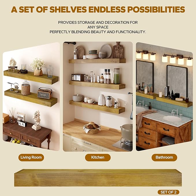 Floating Shelves 3 inch Thick for Wall Set of 2,Solid Pine Wood Wall Mount Shelf for Kitchen Living Room Bedroom Bathroom,8" D x 60" L x 3" H-Gold Oak-Ruum Studio Home