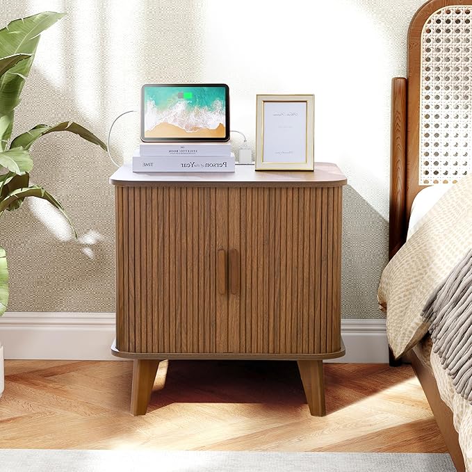 AVZEAR 24" Large Square End Table with Charging Station, Farmhouse Fluted Sofa Side Table with Sliding Tambour Door & Storage, Curved Rustic Wood Nightstand for Living Room, Bedroom, Walnut-Ruum Studio Home