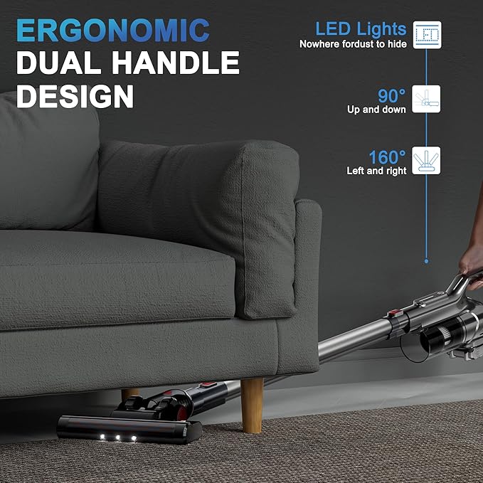Cordless Vacuum Cleaner, Powerful Battery Vacuum Cleaner Cordless with LED Touch Screen & 2 Speeds, Lightweight Stick Vacuum Cleaners for Home, Pet Hair & Hardwood Floor,Silver-Ruum Studio Home