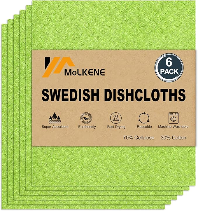 Swedish Dishcloths for Kitchen | 6 Pack Absorbent Cellulose Sponge Cloths Washable | Non-Scratch Reusable Paper Towels Quick Drying Cleaning Cloths - Lime Green-Ruum Studio Home