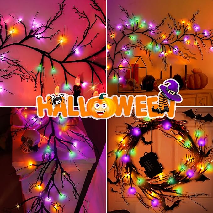 [ Timer & 8 Modes ] 6 Ft 54LED Halloween Willow Vine Twig Decor Branches Garland Decorations Orange ＆ Purple ＆ Green Lights -Battery Operated Garland for Indoor Wall Fireplace Halloween Decorations-Ruum Studio Home