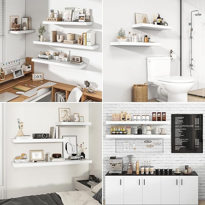 RICHFOCUS 31.5Inch Floating Shelves for Wall 2 Pack Shelves for Bedroom|Kitchen|Bathroom Wall Mounted Rustic Wood Floating Shelf with Invisible Brackets for Books|Storage|Decor, White-Ruum Studio Home