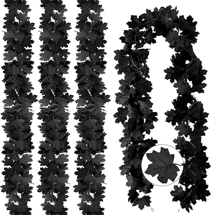 Joyhalo 4 Pack Halloween Garland, 5.7FT Black Maple Leaf Garland Halloween Decor, Spooky Black Leaves Vines Outdoor for Mantle, Home, Office, Stair Railing, Door Frame, Fireplace and Fall Decorations-Ruum Studio Home