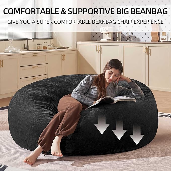 Bean Bag Chair 6Ft, Memory Foam Filled, Large Beanbag Chairs for Adults and Teens, Soft Sofa with Removable Flannel Cover, Round Couch for Living Room Bedroom College Dorm (Black, 6FT-67×67"×24")-Ruum Studio Home