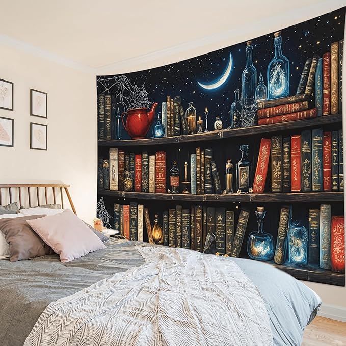 LB Fantasy Bookshelf Tapestry, Horror Spider and Vintage Book with Moon Wall Tapestry for Bedroom Aesthetic, Trippy Galaxy Wall Art for Living Room Dorm Home Decor Ready to Hanging, 80 x 60 Inches-Ruum Studio Home