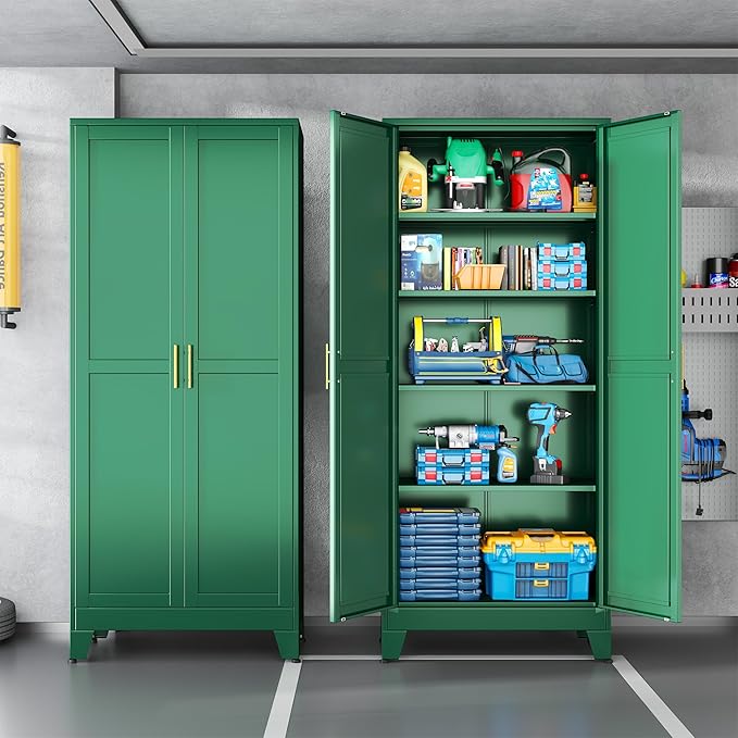 Green Metal Storage Cabinet,75" Steel Cabinets for Home Office, Kitchen Pantry Storage Cabinet with Doors and 5 Adjustable Shelves, Tool Cabinets, for Office, Home, Garage, School-Ruum Studio Home