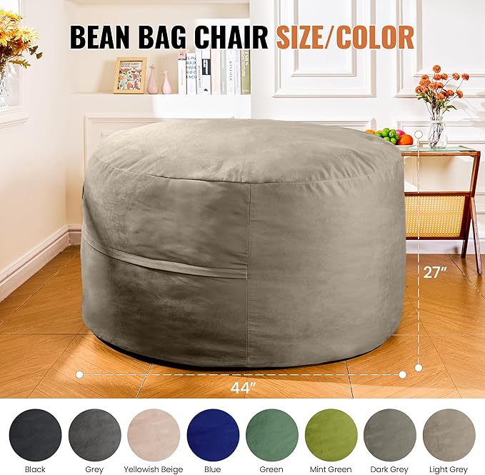 4FT Bean Bag Chair: Bean Bag with Velvet Cover, Fluffy and Comfy Bean Bag Chairs for Adults and Kids, Bean Bag Sofa Filled with High-Density Sponge for Gaming (Light Grey)-Ruum Studio Home