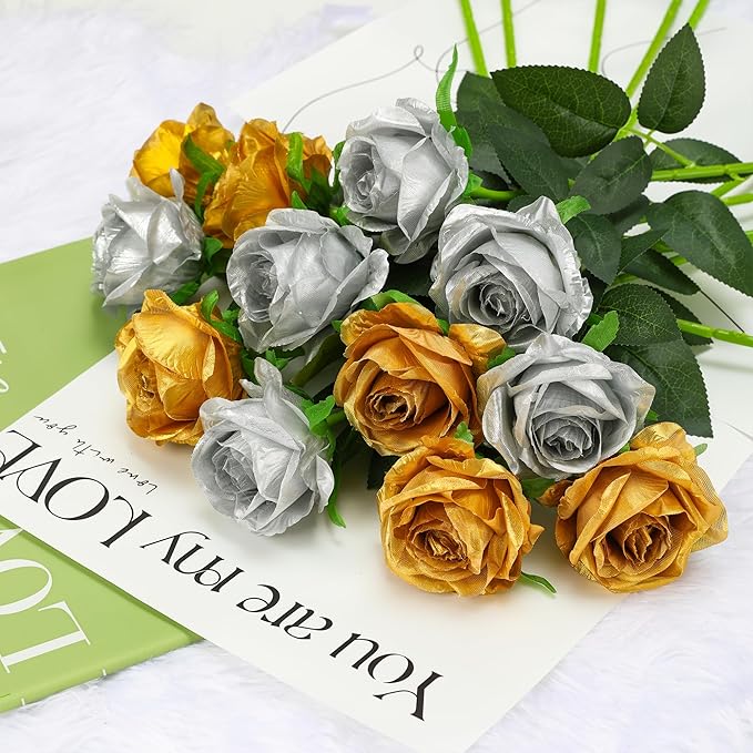 Gold Fake Roses Artificial Flowers - 10 Pcs Fake Artificial Roses Silk Flowers with Stems for Home Wedding Hotel Office Centerpiece Decor-Ruum Studio Home