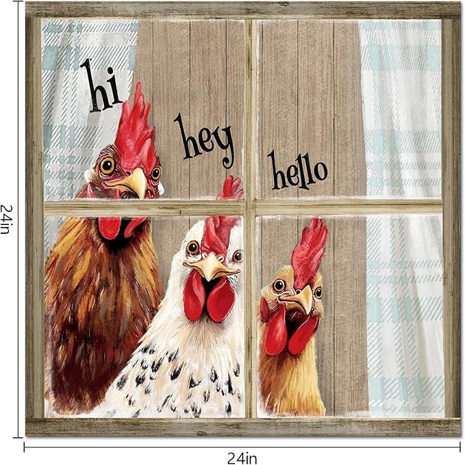 Visual Art Decor Rooster Decor Funny Chicken Picture Wall Decor Rustic Farmhouse Window Painting Framed 24x24 inch, Rustic Country Front Door Welcome Sign-Ruum Studio Home