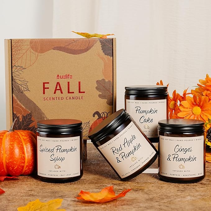 Pumpkin Candle Set | 4 Pack Scented Candles for Home - Candle Gifts for Women Men, Soy Candles | Jar Candle Scents of - Cake/Red Apple/Syrup/Ginger-Ruum Studio Home